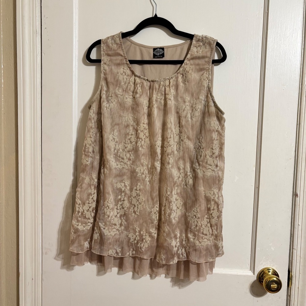 Calstyle Tank Top Women Large Tan Floral Burnout Layered‎ Mesh Lace Hem Y2K
